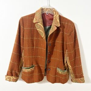 Vintage Harve Bernard Mixed Pattern Plaid with Paisley Trim Blazer Wool Blend